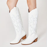 Western Cowboy Embroidery Women Knee High Boots Country Concert Disco Chunky Heel Pointed Toe Cowgirl Long Boots Vintage Retro Woman Shoes