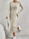 Elegant Long Sleeve Crew Neck Dress - Versatile Ribbed Knit with Split Hem, Perfect for Women in Fall & Winter