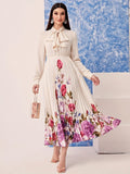 Chic Floral Print Long Sleeve Tie Neck Dress - Cinched Waist, Pleated, Comfortable, Versatile for Spring & Fall, Women's Elegant Clothing for Everyday Wear