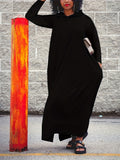 Plus Size Solid Long Sleeve Hooded Maxi Dress with Side Slit Pockets for Fall & Winter, Casual Women's Clothing