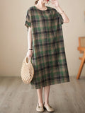 Zjkrl  -  Plus Size Retro Chic Lounge Dress - Soft Plaid Print, Short Sleeve, Crew Neck, Pockets, Comfortable Nightdress for Relaxation