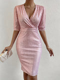 Glitzy Sequin Evening Dress - Flattering V Neck, Half Sleeves, Side Split - Glamorous Party & Clubwear for Women