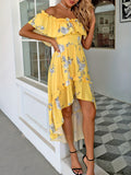 Floral Print Dipped Hem Dress, Vacation Off Shoulder Ruffle Trim Dress, Women's Clothing