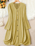 Stylish Plus Size V Neck Ribbed Dress - Plus Size Dresses for Fall & Winter - Long Sleeve, Button Front, Casual, Comfortable, and Flattering