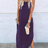 Zjkrl  -  Womens Fashionable Crew Neck Asymmetrical Maxi Dress - Sleeveless & Split Design, Effortlessly Chic for Summer Beach Vacations - A Must-Have Womens Clothing Staple