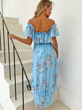 Floral Print Dipped Hem Dress, Vacation Off Shoulder Ruffle Trim Dress, Women's Clothing