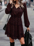 Ditsy Floral Print Dress, Elegant Ruffle Hem Drawstring Long Sleeve Dress, Women's Clothing