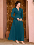 Solid V Neck Dress, Elegant Long Sleeve Shirred Waist Dress, Women's Clothing