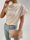 Elegant Solid Pleated Blouse - Chic Mock Neck, Short Sleeves, Back Keyhole Detail, Breathable Fabric, Perfect for Spring & Summer, Women's Fashion Clothing