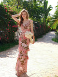Floral Print Ruffle Trim Off Shoulder Dress, Elegant Stylish Slim Fit Maxi Dress For Spring & Summer, Women's Clothing