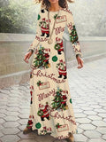 Festive Santa Print Maxi Dress for Women - Soft Casual Crew Neck Long Sleeve Dress with Relaxed Fit - Perfect for Holiday Parties and Everyday Wear