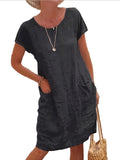 Vibrant Solid Color Crew Neck Dress - Women's Casual Short Sleeve Dresses for Spring & Summer - Comfortable, Breathable, Easy Care Clothing for Everyday Wear