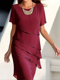 Layered Trim Crew Neck Dress, Elegant Short Sleeve Dress For Spring & Summer, Women's Clothing