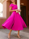 Stunning Off The Shoulder Midi Wedding Guest Dress - Elegant A-line Cocktail Party Dress with Swing Hem - Chic, Sophisticated, and Timeless Style for Women