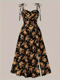 Floral Print A-line Cami Dress - Vacation Style Tie Shoulder, Split Hem, Spring & Summer Essential, Women's Clothing for a Chic Look