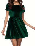 Elegant Velvet Dress - Fitted Solid Waist, Ruffled Hem, Short Sleeves, Classic Crew Neck - Exuding Sophistication, Designed for Womens Clothing