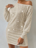 Elegant Long Sleeve Sequined Crew Neck Dress for Women, Perfect Party & Banquet Outfit