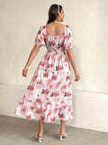 Charming Floral Print Square Neck Aline Dress - Flirty Short Sleeves with Ruffle Trim, Timeless Style for Spring & Summer - Feminine, Elegant Womens Clothing
