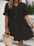 Plus Size Elegant V Neck Tunic Dress - Lace Stitching, Semi-Sheer, Slight Stretch, Solid Color, All-Season, Knit Fabric - Perfect for Spring & Summer, Womens Plus Size Clothing