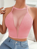 Sexy Seamless Halter Neck Mesh Ribbed Cami Vest Top - Ultra Breathable, Stretchy, and Comfortable - Perfect for Women's Lingerie, Underwear, and Loungewear