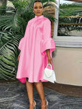 Plus Size Button Front Solid Dress, Elegant Mock Neck Ruffle Cuff 3/4 Sleeve Dress, Women's Plus Size Clothing