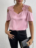 Lace Splicing Cold Shoulder Blouse, Elegant Flutter Sleeve V-neck Blouse For Spring & Summer, Women's Clothing