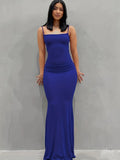 Elegant Solid Color Spaghetti Strap Maxi Mermaid Dress - Soft Micro Elastic Polyester Fabric, Scoop Neck, Bodycon Silhouette, Machine Washable - Comfortable Womens Loungewear for All Seasons