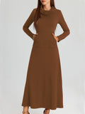 Elegant Long Sleeve Maxi Fit and Flare Dress with Pockets - Soft High Elasticity Polyester Fabric, Solid Color, Cowl Neck, Comfortable for All Seasons - Womens Everyday Wear