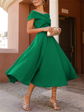 Stunning Off The Shoulder Midi Wedding Guest Dress - Elegant A-line Cocktail Party Dress with Swing Hem - Chic, Sophisticated, and Timeless Style for Women