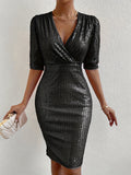 Glitzy Sequin Evening Dress - Flattering V Neck, Half Sleeves, Side Split - Glamorous Party & Clubwear for Women