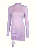 Y2K-Inspired High Neck Ruched Bodycon Dress - Stretchy, Long Sleeve Mini for Women, Perfect for Fall Parties & Clubbing