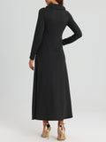 Elegant Long Sleeve Maxi Fit and Flare Dress with Pockets - Soft High Elasticity Polyester Fabric, Solid Color, Cowl Neck, Comfortable for All Seasons - Womens Everyday Wear