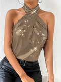 Sexy Plaid Halter Neck Tank Top - Mid-Elasticity, Sleeveless, Cross-Detail, Polyester Knit Fabric - Perfect for Party, Club, and All Seasons