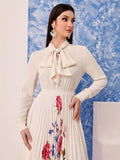 Chic Floral Print Long Sleeve Tie Neck Dress - Cinched Waist, Pleated, Comfortable, Versatile for Spring & Fall, Women's Elegant Clothing for Everyday Wear