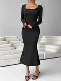 Bodycon Square Neck Mermaid Hem Dress, Elegant Long Sleeve Dress For Spring & Fall, Women's Clothing
