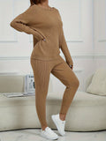 Casual Solid Two-piece Knit Set, Long Sleeve Slant Shoulder Top & Drawstring Pants Outfits, Women's Clothing
