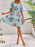 Charming Floral Print Dress with Adjustable Shirred Waist - Chic Short Sleeve Square Neck Design for Women - Perfect Casual Style