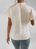 Elegant Solid Pleated Blouse - Chic Mock Neck, Short Sleeves, Back Keyhole Detail, Breathable Fabric, Perfect for Spring & Summer, Women's Fashion Clothing