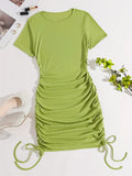 Sexy Mini Bodycon Dress - Crew Neck, Mid-Elastic Polyester, Ruched Detail, Fake Drawstring, Solid Color, Party Perfect for Women - All Seasons, Middle East Style