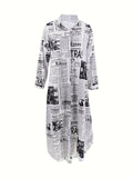 Zjkrl  -  Chic Newspaper Print Womens Dress - Versatile Button-Down Style with Flattering Long Sleeves - A Fashionable Everyday Shirt Dress for Your Wardrobe