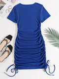 Sexy Mini Bodycon Dress - Crew Neck, Mid-Elastic Polyester, Ruched Detail, Fake Drawstring, Solid Color, Party Perfect for Women - All Seasons, Middle East Style