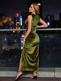 Solid Color Draped Velvet Formal Dress, Elegant Vintage Sleeveless Split Hem Slim Fit Evening Dress For Party & Banquet, Women's Clothing