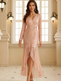 Zjkrl  -  Sequins Ruffle Dress - Elegant Solid Color Long Sleeve High Waist Surplice Neck Slim Fit High Low Hem Women's Clothing for Chic Occasions