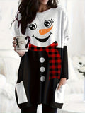 Zjkrl  -  Plus Size Christmas Dress - Adorable Festive Snowman Print Long Sleeve Round Neck Tee Dress with Convenient Pockets for Curvy Women