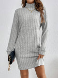 Long Sleeve Elegant Ribbed Turtleneck Plain Color Dress for Spring & Fall, Women's Clothing