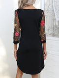 Zjkrl  -  Three-quarter Illusion Sleeve Floral Dress, Casual Keyhole Crew Neck Loose Dress, Women's Clothing