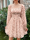 Long Sleeve Elegant Sweet Floral Print Square Neck Ruched Front A-line Mini Dress for Spring & Fall, Women's Clothing