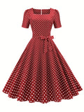 Summer Vintage Chic Polka Dot Dress – Elegant Square Neck, Knee-High with Belt, Breathable Cotton Blend – Easy Care