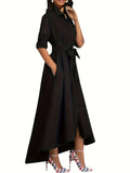 Stylish Tie Waist A-Line Shirt Dress - Elegant Long Sleeve, Button Front, Fall & Winter Essential - Comfortable, Versatile, and Chic Women's Clothing for Everyday Wear