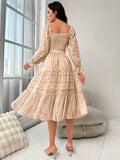 Flattering Argyle Print Midi Dress with Shirred Detail - Timeless Elegance for Parties - Long Sleeve, Chic Style - Perfect Womens Clothing for Special Occasions